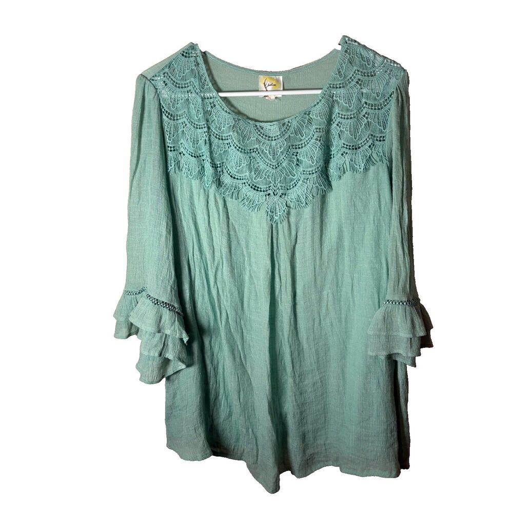 Fig & Flower Blouse Women's XL Lace 3/4 Sleeve Round Neck Boho Casual Top